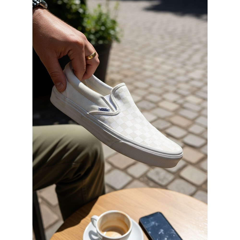 Vans Classic Slip-On Mens 12 Checkerboard White Off White Sneakers Sanitized